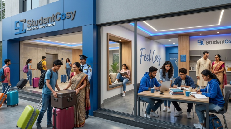 Students arriving at safe and affordable student accommodation in India by StudentCosy
